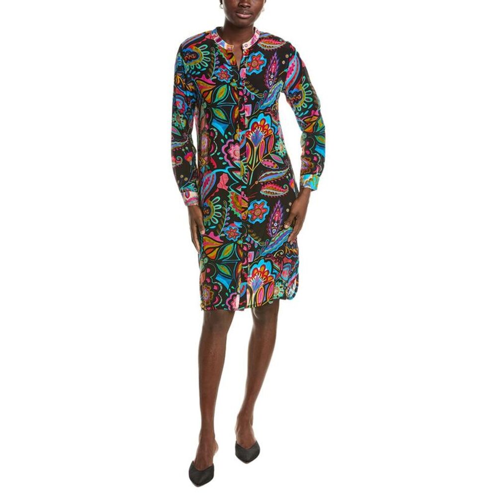 Johnny Was Womens  Mandarin Collar Silk Shirtdress, Black